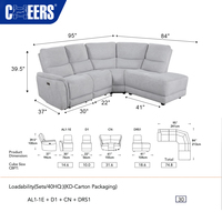 Canapé d'angle modulaire en tissu gris MANWAH CHEERS 5 places avec fauteuils inclinables, canapé sectionnel pour petit salon