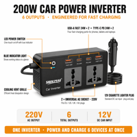 Convertisseur de courant universel portable 200W 12V 24V 110V 220V pour voiture, onduleur à onde sinusoïdale modifiée DC-AC pour véhicule