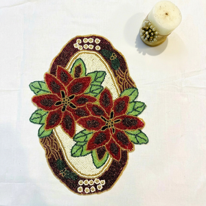 Camino de Mesa Festivo Bordado con Flor de Pascua y Cuentas Hechas a Mano, Base Antideslizante Duradera, Decoración Floral Tradicional para el Hogar - Product Image 1