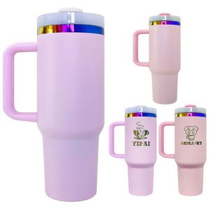แก้วน้ำเคลือบสีชมพูขนาด 40 ออนซ์ พร้อมฝาปิดและหลอดดูด ลายเรนโบว์เคลือบสี  แกะสลักด้วยเลเซอร์ สำหรับวันวาเลนไทน์และวันแม่ - Product Image 4