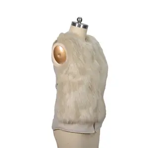 Spring Fashion Khaki O Neck Knitted Women Vest Top With Faux Fur Front