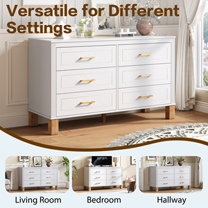 6 <b>Drawer</b> Double Dresser White Modern <b>Storage</b> Cabinet Metal Handles Solid Wood Legs Dresser <b>Drawer</b> Organizer - Product Image 3