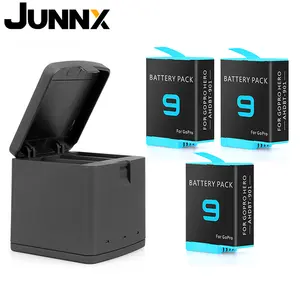 JUNXX 1750mAh 3通道LED可充电黑色Cargador Go Pro 10 9电池充电器，带充电电缆