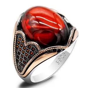 925 Silver Men's Ring Red Garnet Stone Vintage Handmade Turkish Ring for Women Rock Jewelry Christmas Gift for Women Gemstone