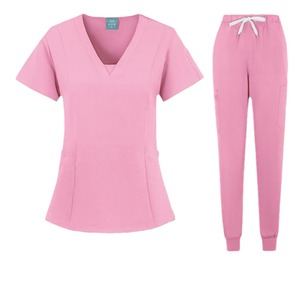 V Neck Short Sleeve Scrub Set Women's Hospital Uniform Knitted Moisture Wicking Split Set Pink Green Blue Purple - Product Image 5