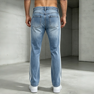 <b>Mens</b> Slim Fit Light Blue Wash Distressed <b>Ripped</b> <b>Jeans</b> With Side Stripes Streetwear Casual Denim <b>Jeans</b> - Product Image 2