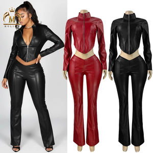 Hochwertiges Damen-Leder-Set, 2-teilig, Crop-Jacke, Oberteil, lange Hose, passendes Set, sexy Kunstleder-Zweiteiler, Damenbekleidung - Product Image 2