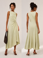 Vestido Midi Asimétrico Verde Salvia con Cuello Barco, Sin Mangas, Lazo Lateral y Diseño de Nudo, de Nueva Colección Verano 2026, Gran Venta en EE. UU. y Australia