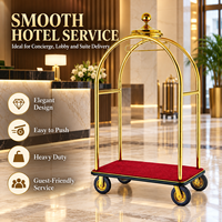 Crown Gepäckwagen mit Spiegel, Goldener Edelstahl Bellman-Trolley, Roter Teppich Plattformwagen, 8 Zoll Leise Laufrollen für Hotellobby