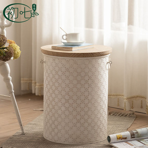 Cream Colored Vintage Storage <b>Bin</b> With Wooden Top H2351 Nightstand For Bedroom Living Room - Product Image 3