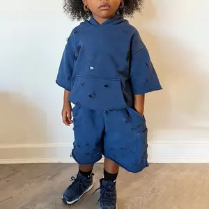 Mode Oversized Tweedelige Outfits Met Korte Mouwen Hoodie Shorts Kids Custom Sweatsuit Set