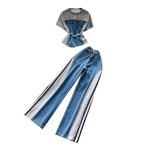 Conjunto de 2 piezas vintage de verano para mujer, top y pantalón vaquero ajustado con patchwork, trajes deportivos al por mayor - Product Image 5
