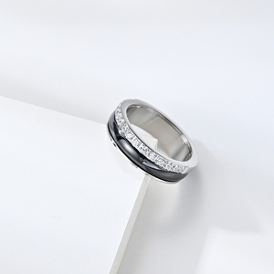 Unisex <b>Titanium</b> Steel <b>Ring</b> Black White Diamond Pave Setting Engagement Jewelry Geometric Style K R449 - Product Image 2