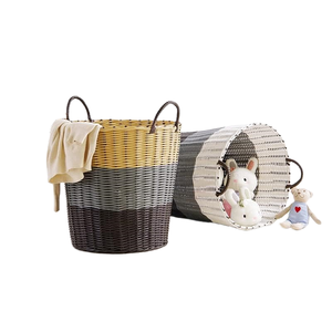 Panier de rangement pour la maison tissé à la main, en plastique, en osier, en rotin, organiseur, paniers à linge sales, paniers à linge avec poignées - Product Image 3