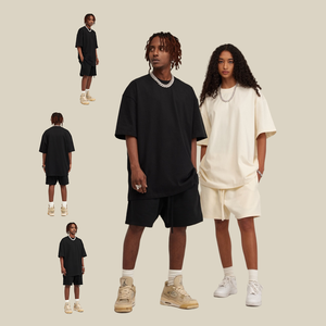 Yüksek kaliteli <span class=keywords><strong>Streetwear</strong></span> 245g 100% pamuk damla omuz boy T <span class=keywords><strong>Shirt</strong></span> ve kısa seti eşleşen setleri erkek seti - Product Image 1
