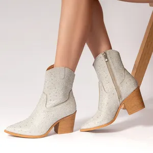 2024 Autumn/winter New Pointy Silver Inlaid Rhinodiamond-studded Luxury High Heels Western Cowgirl Ankle Boots