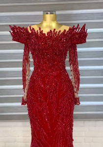 优雅的婚礼派对礼服红色美人鱼长沙特阿拉伯晚礼服定制勃艮第舞会礼服，带可拆卸火车 - Product Image 4