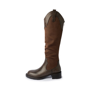 Bottes de cow-boy vintage pour femmes à talons épais, style western, hauteur genou, avec découpe en V - Product Image 1