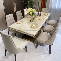 Ensemble de Table et Chaises de Salle à Manger Moderne de Villa en Acier Inoxydable Doré, Grande Table 8 Places avec Plateau en Marbre