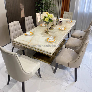 Vàng Thép Không Gỉ 8 Chỗ Ngồi Bàn Dài Đặt Phòng Ăn Đồ Nội Thất Bằng Đá Cẩm Thạch Hàng Đầu Bàn Ăn Và Ghế Biệt Thự Hiện Đại Ăn Uống Thiết Lập - Product Image 3