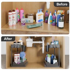 PET L-Shaped Under Sink Cabinet <strong>Storage</strong> Rack Plastic Multi-functional Kitchen Counter <strong>Organizer</strong> with Hanging Hooks Cup <strong>Hanger</strong> - Product Image 3