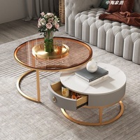 Table basse ronde moderne de luxe en marbre et bois noir, extensible avec tiroirs, pour salon, design décoratif en verre doré et métal