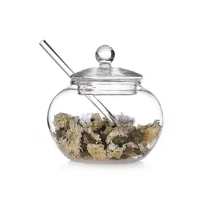 Jarra de vidro de cozinha transparente, jarra de vidro feita sob encomenda com tampa e colher para chá, de açúcar, de leite em pó, pote de vidro para tempero