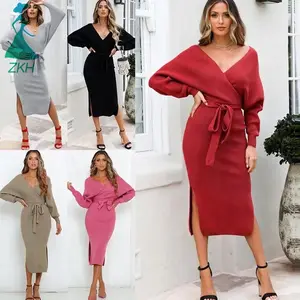 2023 Autumn/Winter New Sexy Fashion Women Dress V-neck Bat Sleeves Solid Color Lace-up Knit Dress For ladies