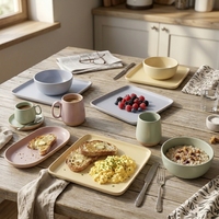 Ensemble tasse et assiette en céramique pastel personnalisable EKA, bols en poterie à double glaçure, offre spéciale pour cafés, restaurants et traiteurs