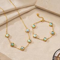 Set Perhiasan Kalung dan Gelang Minimalis Cangkang Abalone dengan Tatah Persegi, Lapisan Emas 18K, Baja Anti Karat untuk Wanita