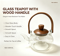 Théière en verre borosilicate haut de gamme Wuso, design classique, forme sphérique, poignée de levage en bois, couvercle en bois, résistante à la chaleur