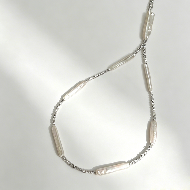 Silver Slim Bar Necklace High-end Minimalist Style Natural Baroque Pearls Starry Shiny Design 40cm With Extension Chain Women