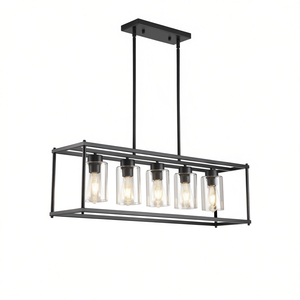 Lustre rectangulaire moderne à 5 lumières, structure en fer noir, abat-jour en verre transparent, luminaire suspendu pour salle à manger - Product Image 1
