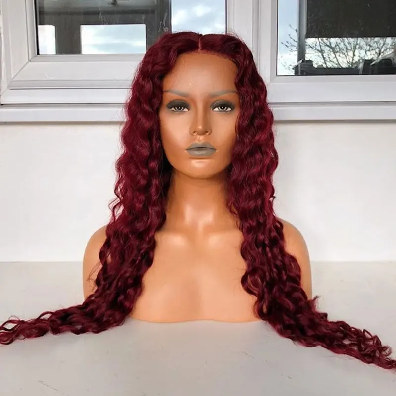 Human Hair Full Lace 360 Wigs Color 99j #bug Color Curly Hair Human Lace Front Wigs Water Deep Wave Women for Black Red Long 12A
