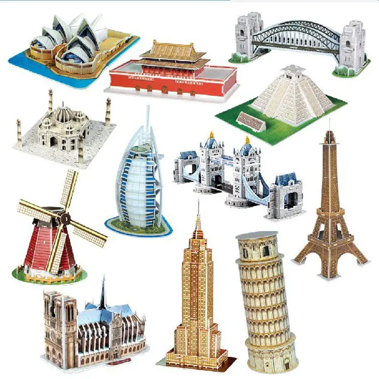 40 stil Diy karton dünya ünlü mimari yapı 3D bulmaca ev modeli inşaat 3D yap-boz oyuncaklar çocuklar için hediye