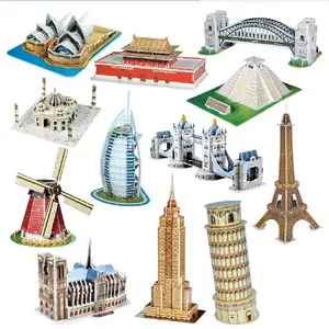 Mainan Puzzle 3D, Bangunan Arsitektur terkenal dunia kardus Diy gaya 40 Model rumah Puzzle 3D untuk hadiah anak-anak