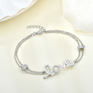 YILUN Bracelet à breloques Love Script en argent sterling 925 avec pierres CZ Bracelet à double chaîne pour <span class=keywords><strong>femme</strong></span> - Product Image 3