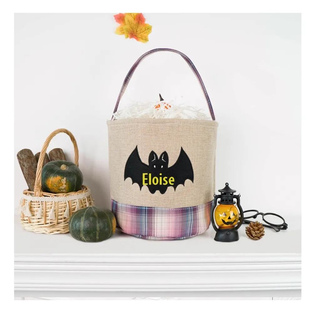 Trick or Treat KidsTote Bonbons Sacs Panier Citrouille Toile De Jute Vichy Blanc Sublimation Halloween Seau