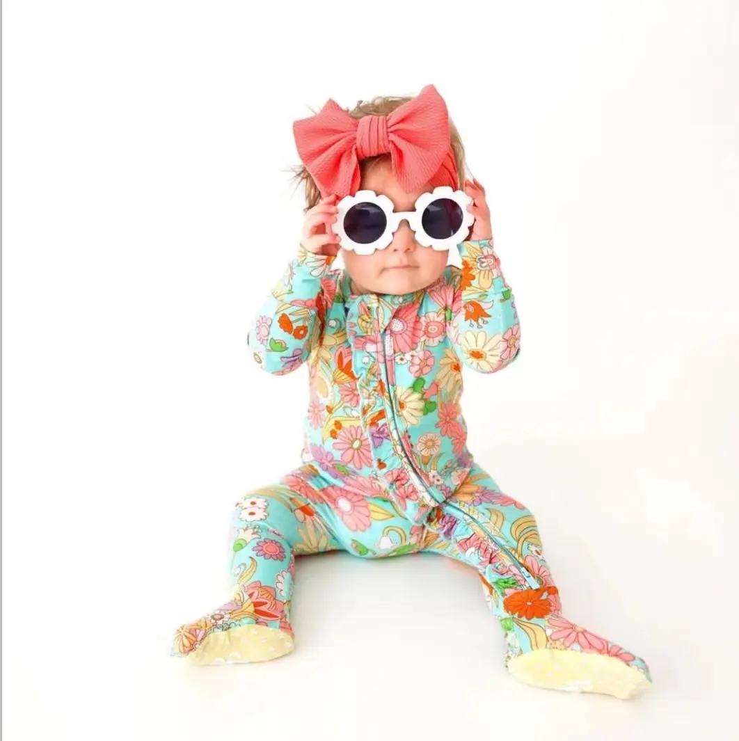 95% Bamboo Fiber 5% Spandex Custom Solid Bamboo Two Way Zipper Baby Romper Footie Pajamas Baby clothes new born baby cloth