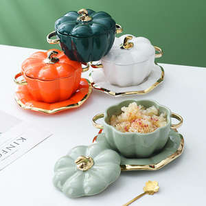 Tigela De Cerâmica Com Tampa Estofado Louça De Abóbora Cozinha Doméstica Tigela De Sopa Infantil Salada Louça - Product Image 1