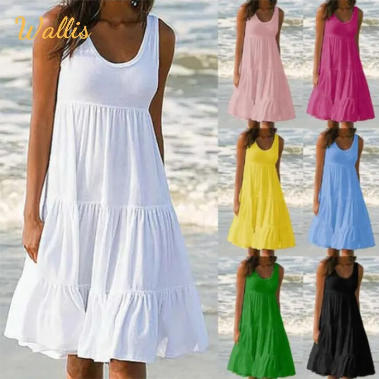 S-5XL Plus Size Women Summer Casual O Neck A-Line Dress Loose Splicing Sun Dress