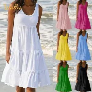 S-5XL प्लस आकार महिलाओं गर्मियों आकस्मिक हे गर्दन एक लाइन पोशाक ढीला Splicing के सूरज पोशाक