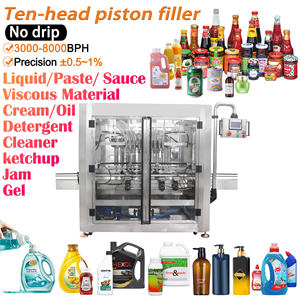 เครื่องบรรจุของเหลวความหนืดสูงแบบลูกสูบ 10 หัว สำหรับซอส โลชั่น น้ำยาทำความสะอาด ขนาด 10 มล.-5 ลิตร เครื่องบรรจุของเหลวแบบเซอร์โวสำหรับของเหลวหนืด - Product Image 1