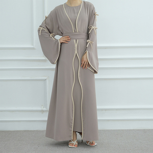 Factory Direct Sales Modest Summer Polyester Bow Open V Neck Long Sleeve <b>Cardigan</b> Solid Inner Muslim Women's Abaya Dresses for - Product Image 1