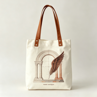 Sac fourre-tout en toile OEM avec imprimé plumes et colonnes romaines, rivets marron en PU, sac à bandoulière pour étudiant