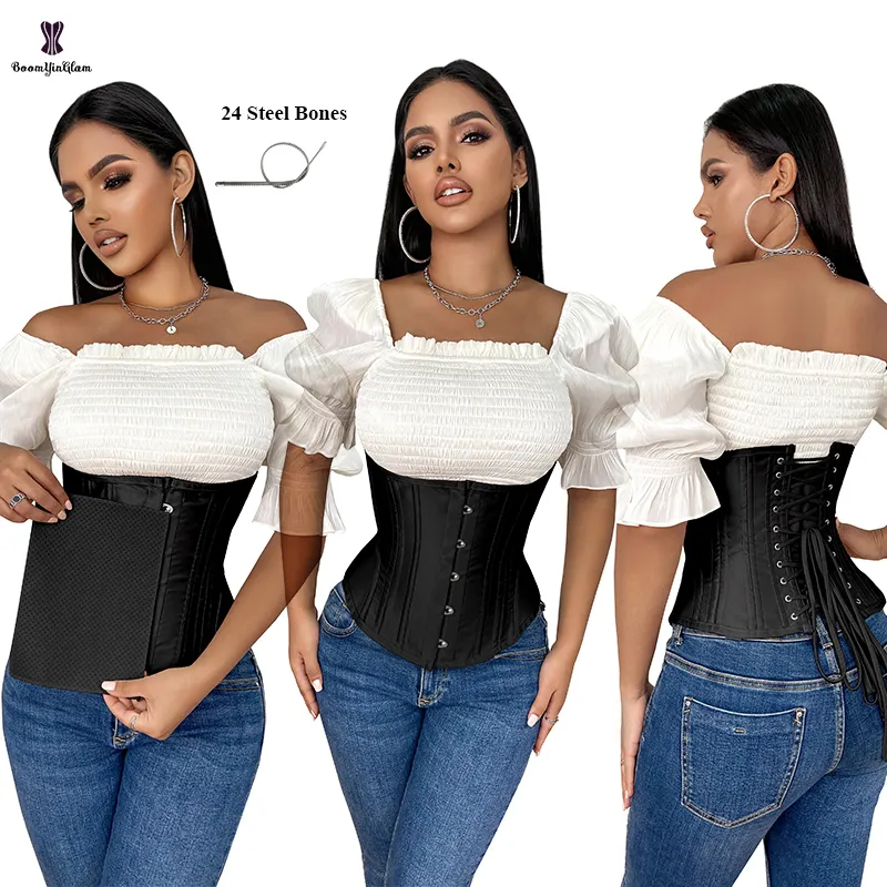 Preto de cor marfim Frente 5 Busk Encerramento Corda Bandage Bustier Altura 11.02 "Cinto 24-robe Cetim Underbust Espartilho Com Hot térmica