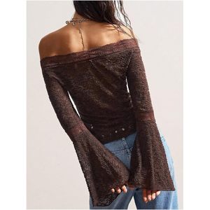 Women's Boho <b>Gothic</b> Lace Off The Shoulder Top Bell Sleeve Sheer Fitted Crop Blouse Everyday Wear - Product Image 2