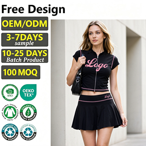 Women 2 Piece Outfit Zip Up <b>Short</b> Sleeve Crop <b>Top</b> <b>And</b> Pleated Skirt Custom Logo Casual Sports Wear <b>Set</b> - Product Image 1