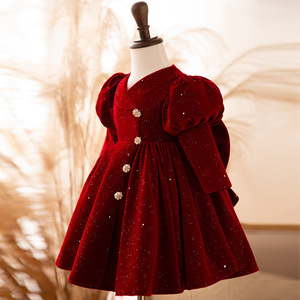 Vestido de Princesa para Niña, Color Vino Tinto, Manga Larga, Terciopelo, para Cumpleaños, Año Nuevo, Semana del Tesoro de la <span class=keywords><strong>Mujer</strong></span>, Vestido de Año Nuevo - Product Image 2
