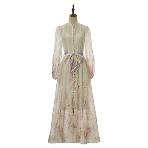 Vestido Largo Romántico con Estampado Floral, Satinado, Corte en A, Cuello en V, Mangas Farol, Cintura Natural con Lazo, Transpirable para Verano - Product Image 1